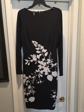 INC International Concepts Black and White Floral Long Sleeve Sheath Dress